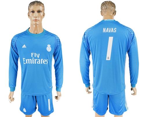 Real Madrid #1 Navas Sky Blue Goalkeeper Long Sleeves Soccer Club Jersey